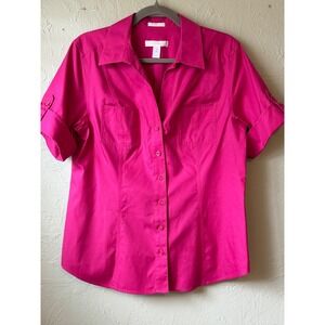Chicos No-Iron Cotton Button Down Shirt  Pink Short Sleeve Size 2 Large